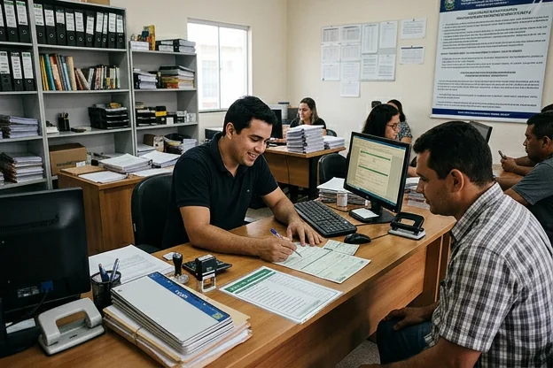 Atendente ajuda no processo de transferência de veículo.