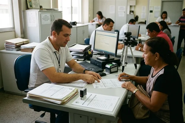Profissional auxiliando cliente no processo de renovação da CNH.